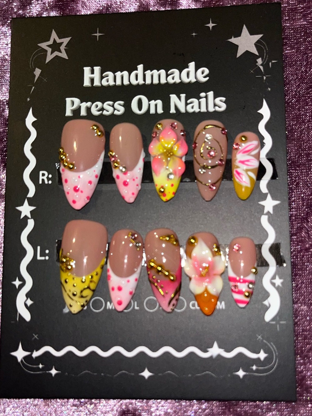 Handmade Press On Nails - Pink, Yellow & Brown Floral Set